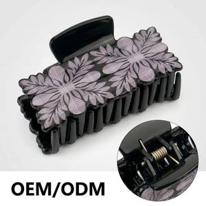 Pinza de Pelo Acrílica con Elegante Diseño Floral Vintage, Unisex, Tamaño Grande, Negra con Flores Moradas, Uso Diario, OEM, ODM - Product Image 1