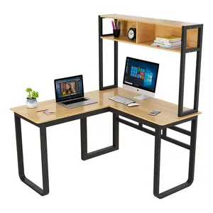 现代家庭办公家具木制和金属转角电脑桌，带书架
