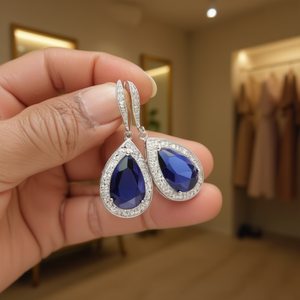 Boucles d'oreilles pendantes E2264 en pierre précieuse bleue, taille poire, sertissage clos, bijoux de mode classiques pour femme, en alliage, forme goutte d'eau - Product Image 2