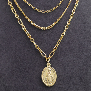 Collar con Colgante de Medalla Milagrosa de <span class=keywords><strong>Tres</strong></span> Capas, con Cruz Religiosa Cristiana, Chapado en Oro de 18K y Acero Inoxidable 304, 16" + 3" - Product Image 3