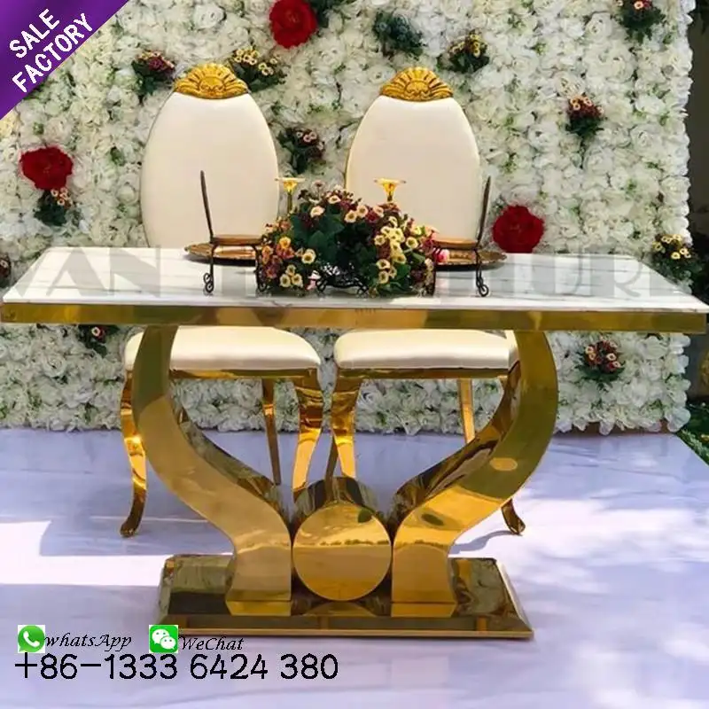 Luxury Wedding Event Banquet White Glass Top Gold Plated Stainless Steel Gold Legs Dining Room Tables Set 6 Seaters Chairs