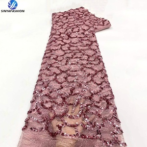 Tissu en dentelle filet <span class=keywords><strong>français</strong></span> Sinya de luxe écologique à sequins 3D, 5 yards, en tulle à écailles de poisson, pour mariage traditionnel et fête Aso Ebi - Product Image 3
