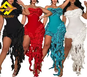 2024 Women Sexy Tassels Evening Dress Club Party Prom Irregular Strapless Gown Spring Summer Fashion Bodycon Tube Dress