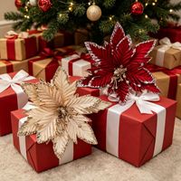 Bunga Natal Gantung Berbahan Beludru Plastik dengan Pinggiran Glitter Emas, Dekorasi Liburan, Perlengkapan Pesta, Hiasan Rumah, Aksesoris