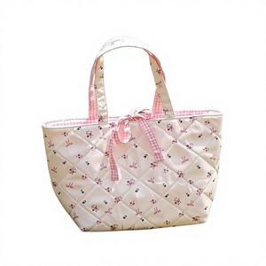 Large Cotton Quilted Tote Bag Floral Embroidery Gingham Trim Zipper Closure Daily Use Portable Fashion Boho Style Polyester - Product Image 1
