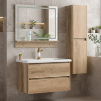 Meuble-Lavabo de Salle de Bain Moderne avec Miroir LED, Vasque en Céramique, Design Mural, Durable, Résistant à l'Eau, Tiroirs à Fermeture Douce