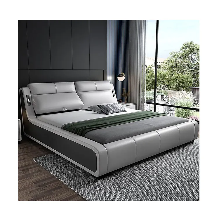 Cama suave minimalista italiana para dormitorio, cabezal de cama multifuncional ajustable con carga USB, nueva cama doble de lujo para bodas