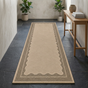 Luxury Handmade Modern Scalloped Border Wool Cut Pile Stain Resistant <b>Runner</b> <b>Rug</b> Latex Backing Neutral <b>Hallway</b> Carpet Custom - Product Image 3
