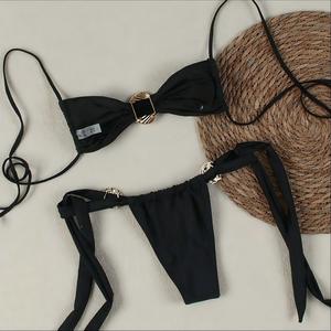 Conjunto de Bikini de 2 Piezas para Mujer, Decoración Metálica Dorada, Halter con Lazos Laterales, Traje de Baño sin Espalda, para Vacaciones de Verano en la Playa, Venta al Por Mayor - Product Image 2