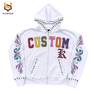 Custom Men's Streetwear Hoodie Vintage Embroider French Terry Boxy Cropped Oversized Distressed Design Rhinestone <b>Zip</b> <b>up</b> <b>Hoodies</b> - Product Image 6