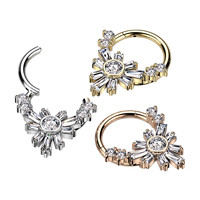 Anneau segmenté articulé en acier inoxydable 316L avec fleur en CZ baguette, acier chirurgical PVD, calibre 16, piercing à clic