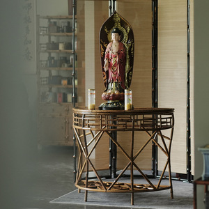 Meiluzhu Half Moon Platform Rattan <b>Console</b> <b>Table</b> Handmade Classical Style Entryway Stand - Product Image 1