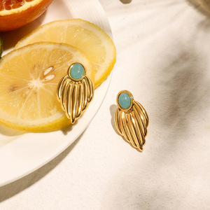 Leaf Shape Drop Earrings Gold Plated Blue Stone Bezel Setting Fashion Jewelry - Product Image 2