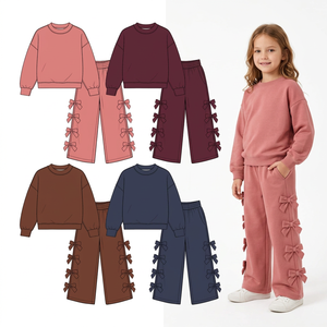Pre-ordenar Conjunto de 2 Piezas para Niñas, Pantalones de Manga Larga de Algodón Sólido con Lazos, Ropa Casual para Otoño e Invierno - Product Image 1