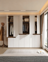 Système de rangement moderne autoportant pour chambre à coucher, armoire à portes battantes en panneaux plats en aggloméré de bois avec poignées en J métalliques
