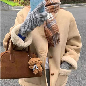 Women's Korean Style Suede Fleece Coat Khaki Loose Fit Warm Autumn Winter Outerwear - Product Image 4
