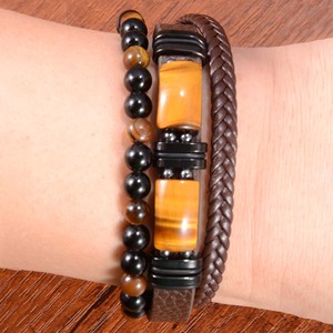Tiger's Eye Obsidian Agate Bead <b>Bracelet</b> Black Brown <b>Leather</b> Woven Magnetic Buckle Unisex Fashion Jewelry 7.5 8.5 9 Inches - Product Image 2