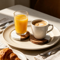 Nouveau design, dessous-de-verre rond en marbre blanc et bois, articles de cuisine, service personnalisé