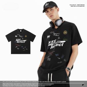 Camisetas de Manga Corta 100% Algodón de 250g, Cuello en V, Estampado Retro Desgastado con Letras Americanas, Camisetas de Marca a la Moda - Product Image 1