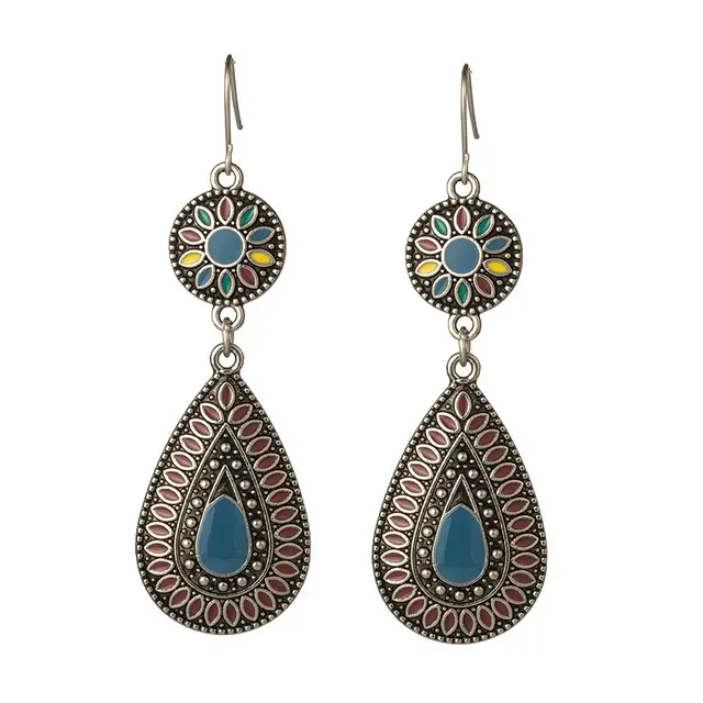 Water Drop Shape Multi Color Glaze Dripping Drop Dangle Earrings Antique Silver Zinc Alloy Ethnic Earrings Jewelry Wholesale