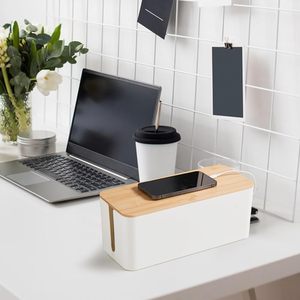 Boîte de gestion des câbles blanche avec couvercle en bambou, organiseur de câbles <span class=keywords><strong>pour</strong></span> dissimuler <span class=keywords><strong>les</strong></span> câbles et <span class=keywords><strong>les</strong></span> prises - Product Image 5