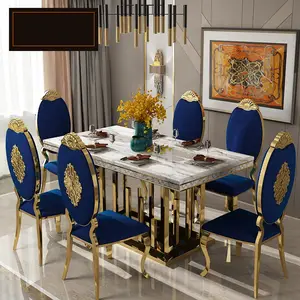 豪华现代优质不锈钢大理石顶金钢化玻璃金属底餐桌婚庆家具