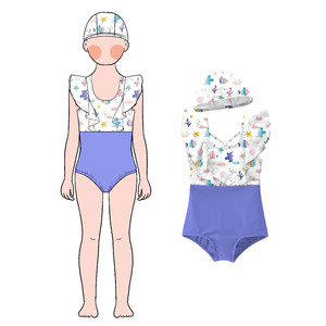 Venta al por mayor de trajes de baño de 2 piezas de tela de verano personalizados para niños niñas traje de baño de una pieza <span class=keywords><strong>y</strong></span> gorro de baño conjunto combinado para niños natación - Product Image 2