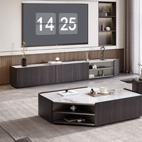 Support TV moderne simple en peau de bois noir fumé Table à thé Maison en forme de plaque de roche pour salon ou chambre à coucher en métal