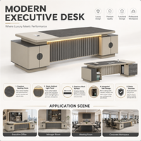 Bureau de direction moderne de luxe avec deux armoires à double piétement, panneau frontal à lattes LED, grande table de PDG pour bureau d'entreprise