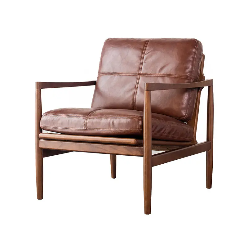 YIPJ kursi sofa kayu padat Nordik tunggal ruang tamu balkon kursi malas retro desainer kulit kursi santai kursi negosiasi kursi tamu