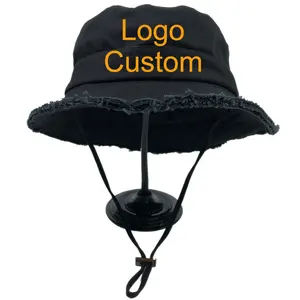 OEM hot sales cotton outdoor summer boonie with string black unisex ripped cap custom bucket hat embroidery logo