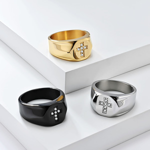 Bague croix en acier inoxydable avec pavé de diamants, bijoux de mode pour homme, bague pour l'index, options de couleurs or, noir, argent - Product Image 1