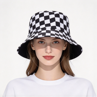 Topi Nelayan Kotak-kotak Hitam Putih Custom dengan Logo Cetak Penuh, Topi Bucket Bolak-balik, Topi Bucket Bordir Custom untuk Pantai