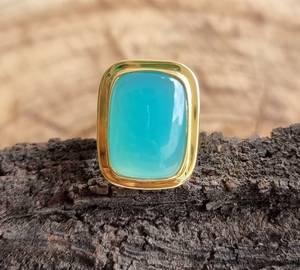 Bague en calcédoine naturelle Aqua Sterling 925 avec plaqué or 18 carats Boho argent bague unisexe cadeau pour lui cadeaux de Saint-Valentin - Product Image 3