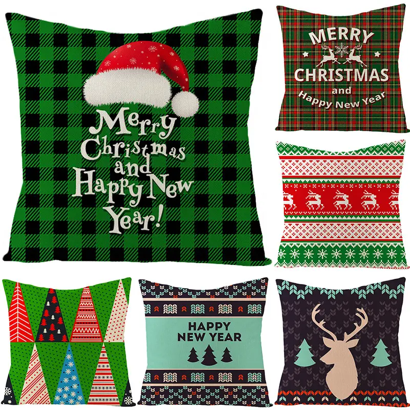 Christmas Cushion Cover Christmas Tree Snowflake Elk Pattern Pillow Cover For Xmas Living Sofa Home Decor Pillowcase KJ040
