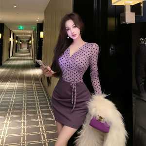 Purple Polka Dot Faux Two Piece Dress Women Long Sleeve Waist Cinching Bodycon Mini <b>Skirt</b> Spring Autumn Elegant Sexy Stretch - Product Image 5