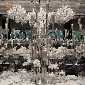 Wholesale clear 120 cm tall long stemmed cheap glass tubes 10 arm candle holder candelabra centerpiece