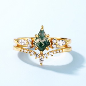 Anello in Agata Muschiata Naturale con Diamante Moissanite, <span class=keywords><strong>Set</strong></span> di Anelli in Argento 925 Placcato Oro 14K, Gioielli Raffinati Personalizzati per Uomo e Donna - Product Image 1