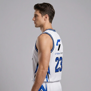 Storm Fit Men's Basketball Uniform Set Sublimated Print V-Neck Sleeveless Moisture Wicking <b>Athletic</b> White Blue - Product Image 4