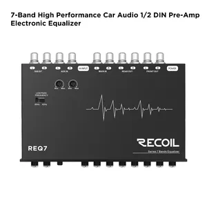 REQ7 7 बैंड 1/2 DIN प्री-एम्प कार ऑडियो पैरामीट्रिक ग्राफ़िक इक्वलाइज़र RCA और सहायक इनपुट, उच्च स्तरीय इनपुट के साथ,