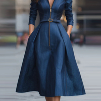 Robes midi en jean écologiques vintage pour femmes, coupe trapèze, taille haute, ceinturées, plissées, avec poches, fermeture éclair et revers, couleur unie, collection automne