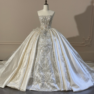 XS287 Vestido de Novia de Satén con Cuello Barco y Cristales, Estilo Imperio - Product Image 3