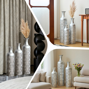 Set di 3 vasi da terra in metallo argentato con motivo a onde, cilindri alti decorativi per il soggiorno - Product Image 5