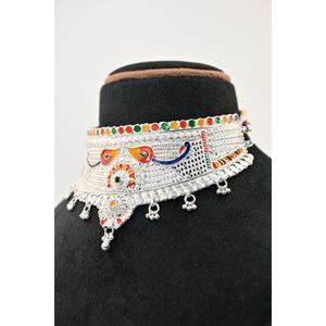 Ethnic <b>Silver</b> Plaster Chokar Set Necklace With Colorful Stones Flower Design Women's Wedding Style Beaded Jewelry - Product Image 5