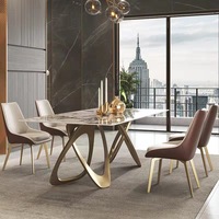 Table à manger rectangulaire moderne en marbre avec base double en acier inoxydable doré, mobilier de luxe pour villa, hôtel, appartement