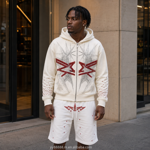 Conjunto de dos piezas de sudadera con <span class=keywords><strong>capucha</strong></span> de felpa francesa OEM para hombre, al por mayor, con pedrería, chenilla, lino, estilo tribal, ropa de trabajo, tallas incluidas - Product Image 1