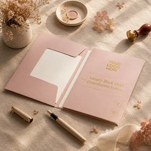 Cartella Portadocumenti <span class=keywords><strong>di</strong></span> Lusso Nera con Lamina Oro, Porta Documenti Pieghevole Premium, Logo Personalizzato, Cancelleria <span class=keywords><strong>di</strong></span> Alta Qualità - Product Image 2