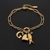 Bracelet chaîne trombone en acier inoxydable plaqué or 14K pour femme, avec breloques lettre G, cœur, poisson et zircon bleu, bijoux Emanco