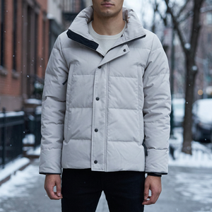 Men's Light Gray Puffer Jacket Stand Collar Button Closure Windproof <b>Thick</b> <b>Winter</b> <b>Coat</b> Casual Style Regular Fit - Product Image 4