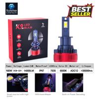 Phares LED de voiture SunRise K2 H3 12V/24V 160W 14000LM 6500K IP67 étanches, tubes en cuivre, Canbus Plug and Play, ajustement universel